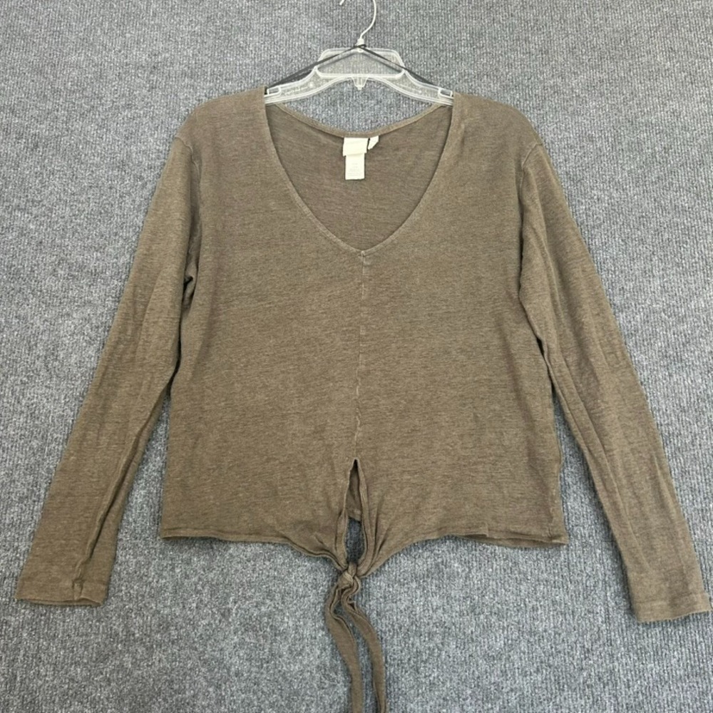 H&M Women's 100% Linen Top Lightweight Tie-Front Size Medium Dark Taupe Boho